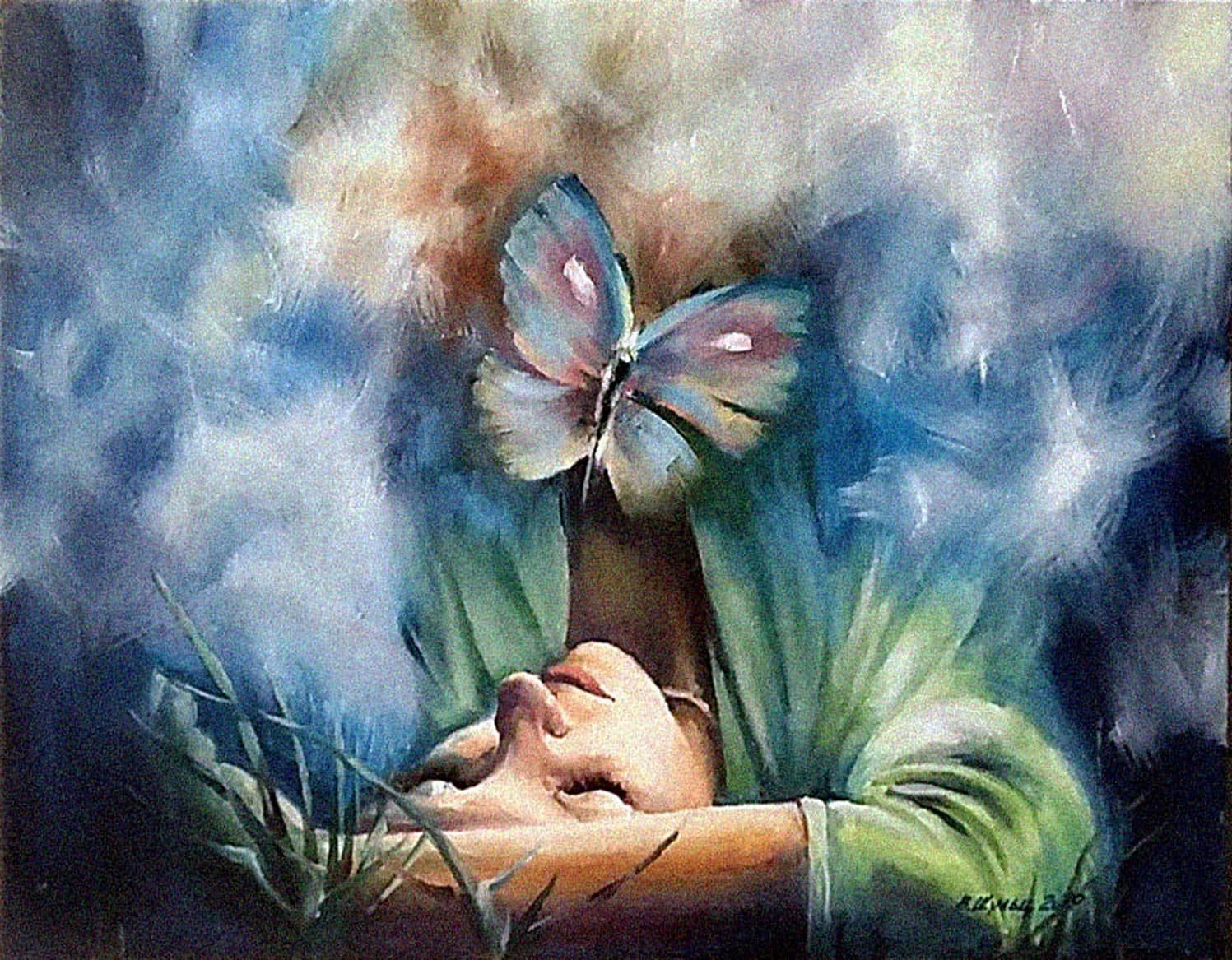 Картина «Девушка и бабочка» Холст на картоне, Масло 2019 г.