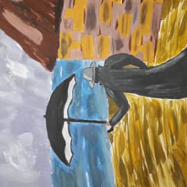 Человек в желтых штанах.Прибрежная деревушка.