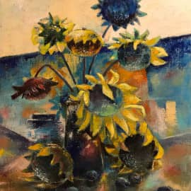 Подсолнухи и сливы у окна