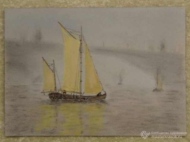 Парусные лодки около моста в тумане. Пастельная версия картины Чарльза Генри Гиффорда