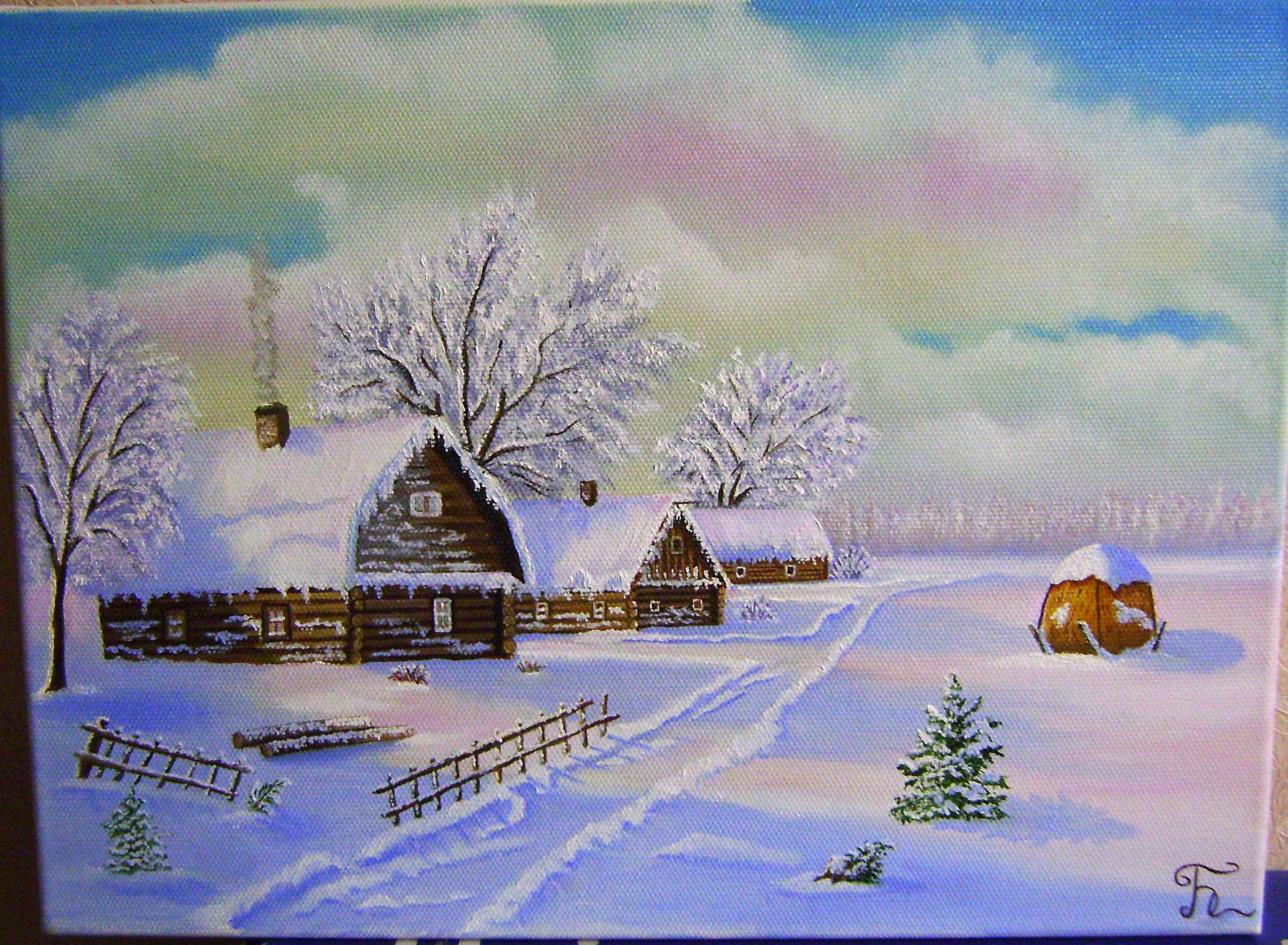 Картины красками зима в деревне