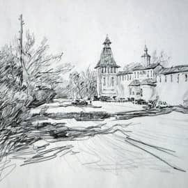 Деревенский пейзаж карандашом