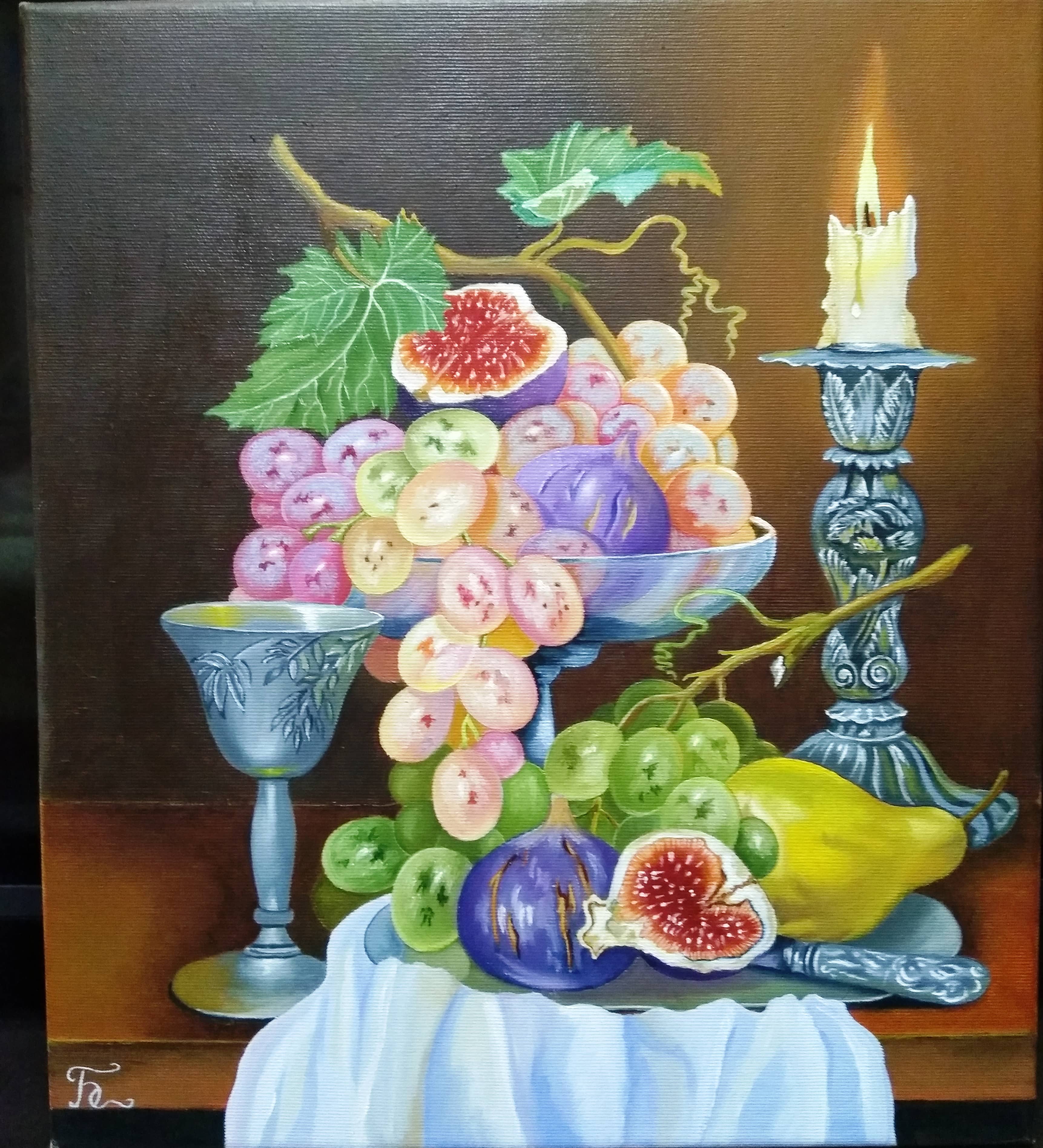 Натюрморт со свечой и фруктами.