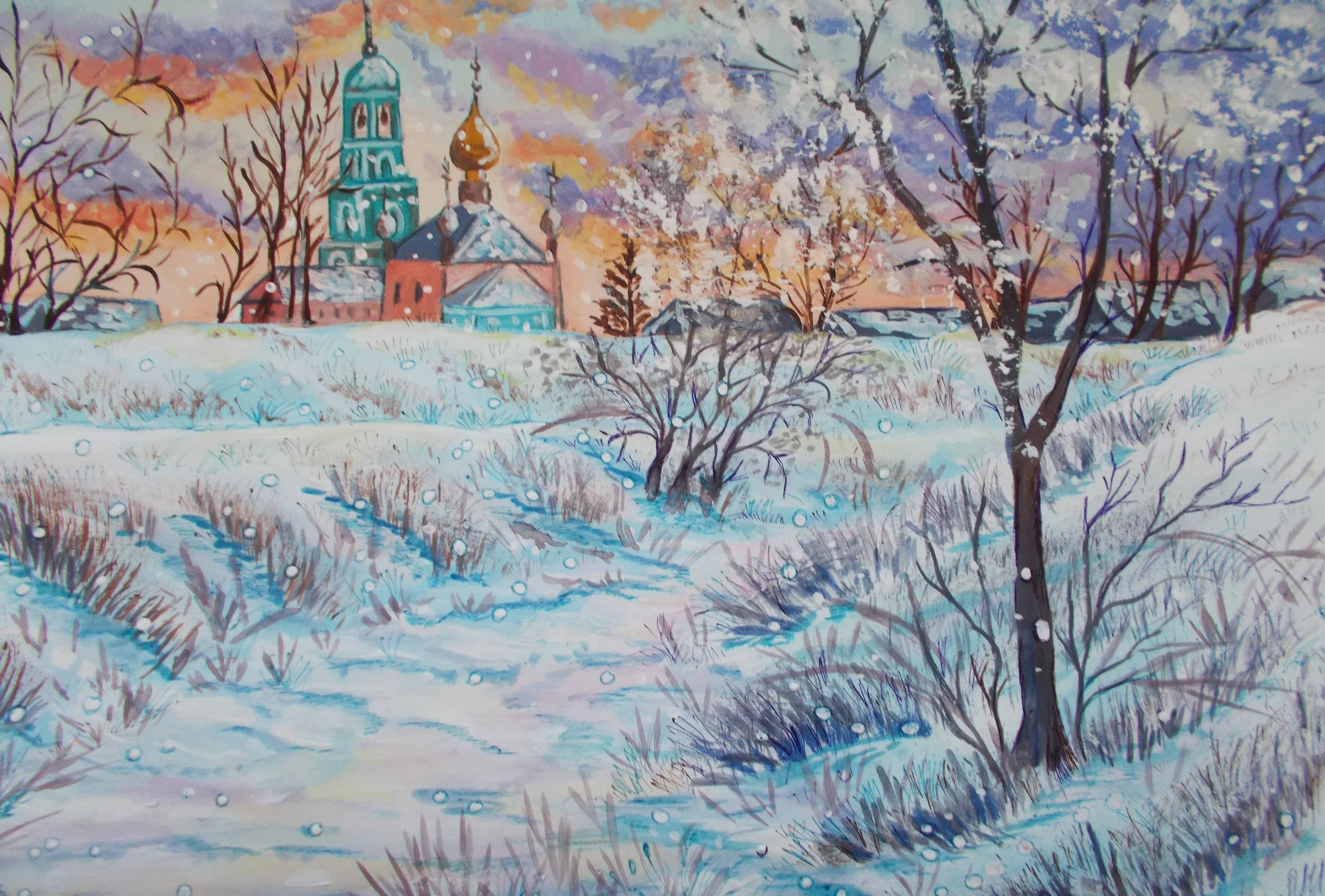 Зимний  пейзаж с церковью.
