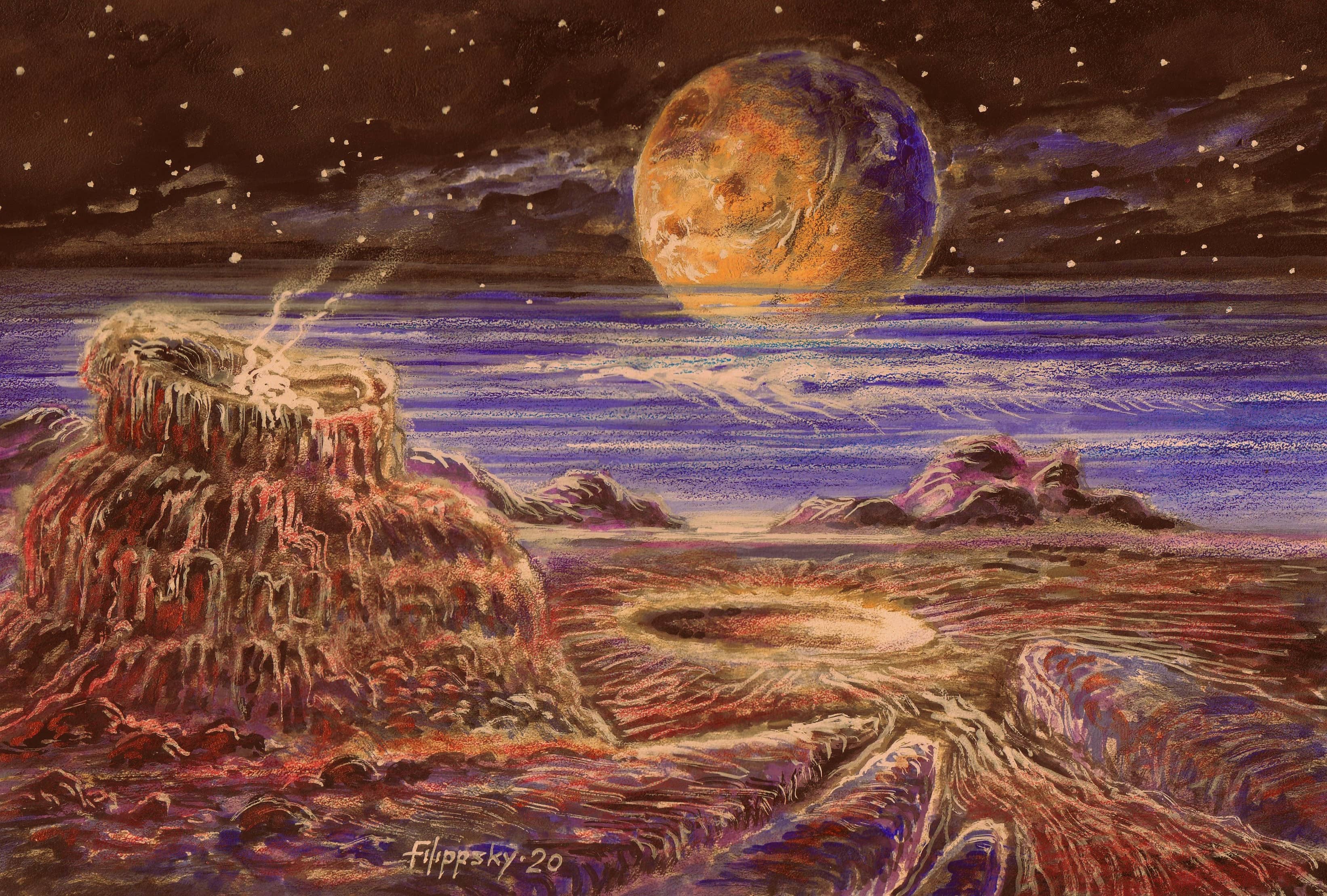 Мы живем на одной из удобных планет. Вид на Харон с Плутона. Космический пейзаж. Космический пейзаж живопись.