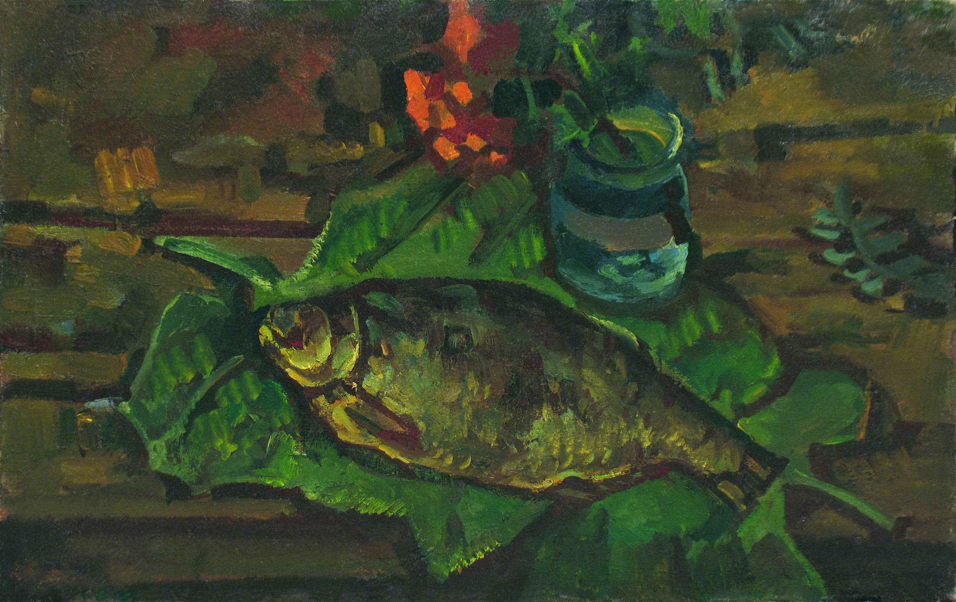 Натюрморт с рыбой на листьях, Холст Масло