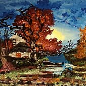 Избушка у реки ночью