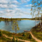 Пейзаж с лодкой на озере