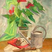 Натюрморт с антуриумом и лейкой.