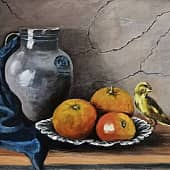 Натюрморт с канарейкой в ограниченной палитре.