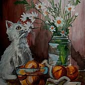 Котик, ромашки и персики