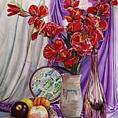 Натюрморт"Красные цветы и яблоки"