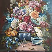 Натюрморт с цветами и попугаем