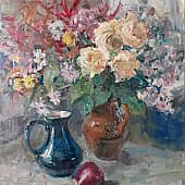 С синим кувшином и желтыми розами