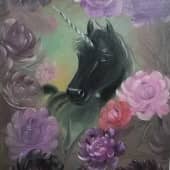 Чёрный единорог с пионами