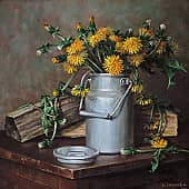 Серия деревенского натюрморта "Одуванчики в бидоне"