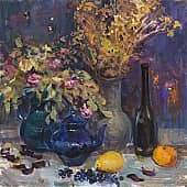 Натюрморт с синим чайником и цветами. Вечер.