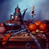 Восточный натюрморт с орехами и мандаринами