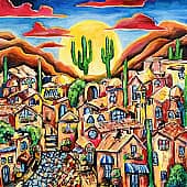 На холсте изображена сцена после исчезновения людей, оставивших за собой пустые улицы и 14 кошек .