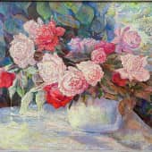 Розовые розы ZhNataly.  Розы с нашего газона на фоне зелени