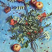 Рябина и яблоки на синем