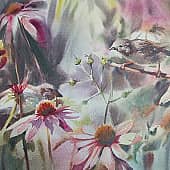 "Воробьи и эхинацея. На Манежной площади" Акварель