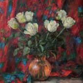Розы на красном платке, художник Татьяна Чепкасова