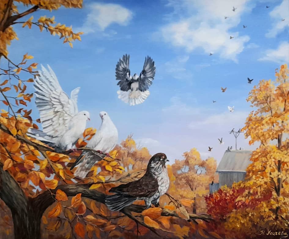 " Осень и голуби" Картина на заказ