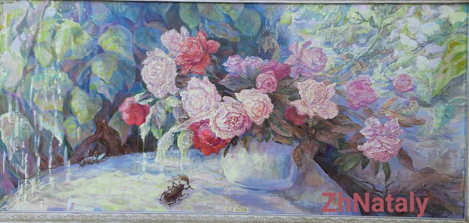 "Розовые розы" картина с выставки "Сказочные миры ZhNataly" натюрморт