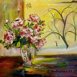 Букет роз на фоне старинной японской гравюры