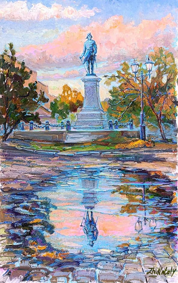 Розовый закат, отражение. Петр Первый Антокольского в Таганроге.  Пленэр ZhNataly