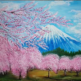 цверение сакуры у горы Фудзияма