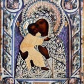 Богородица Владимирская, 19 век, в фарфоровом окладе ручной лепки и резном киоте. (1), художник Игорь Юрьевич Дрождин