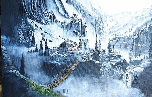 Копия картины"Избушка в горах у подвесного моста"