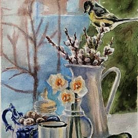 Весенний натюрморт с синицами