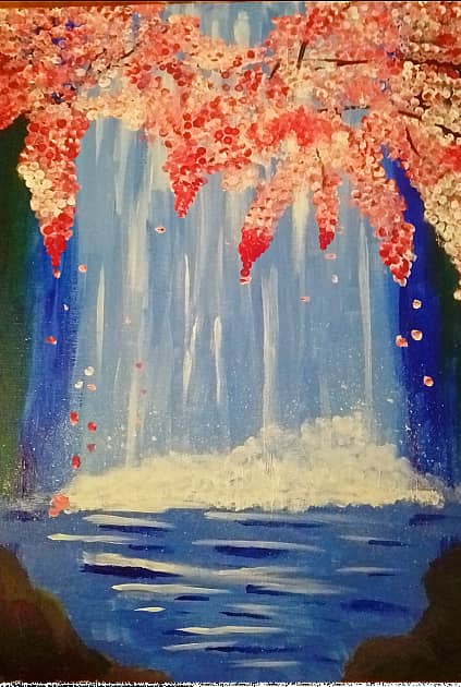 Водопад и сакуры цвет