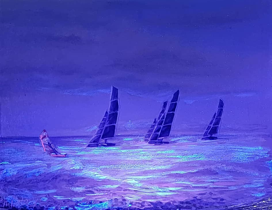 Гонка на карбоновых файловых яхтах. Ночь.  Проект "светофизика в живописи"  ZhNataly