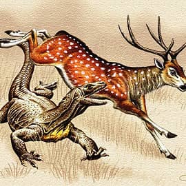 Комодский варан и олень аксис.