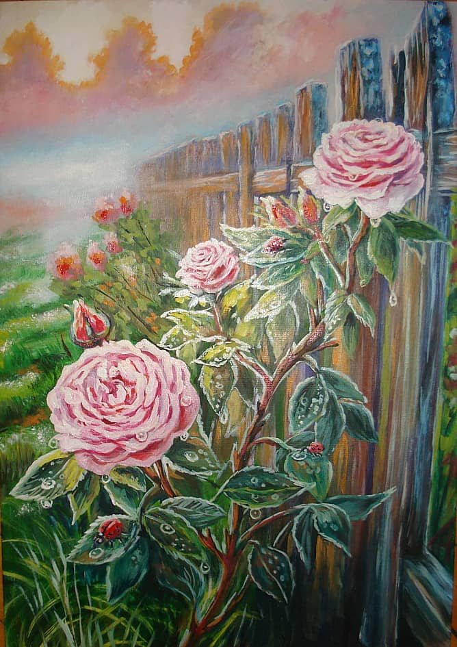 Божья коровка и розы.