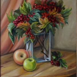 Натюрморт с калиной и яблоками.