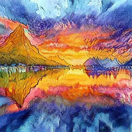 Горы, озеро, закат.