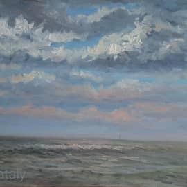 Морской пейзаж в оливковых тонах ZhNataly. Азовское море маслом на холсте с натуры