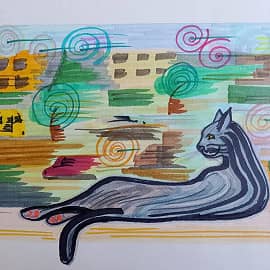 Городская суета это шоу для кота (рисунок-шутка)