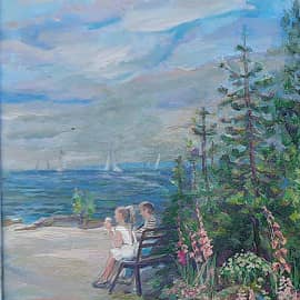 Парочка на лавочке. Отдых у моря. Картина ZhNataly