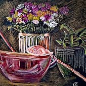 Натюрморт с хризантемами и медным половником