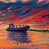 Сухогруз на закате. День и ночь. Проект светофизика в живописи ZhNataly. Светящаяся картина.