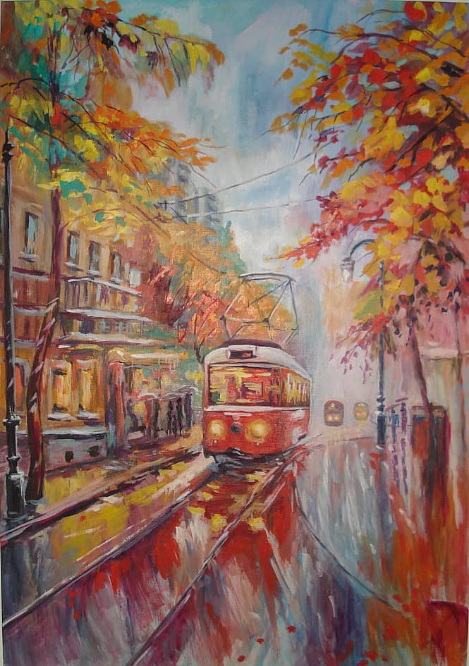 Трамвай.Осень в городе.