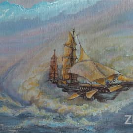 Приводнение. Посадка на воду летающего парусника. Картина из серии Сказочные миры ZhNataly