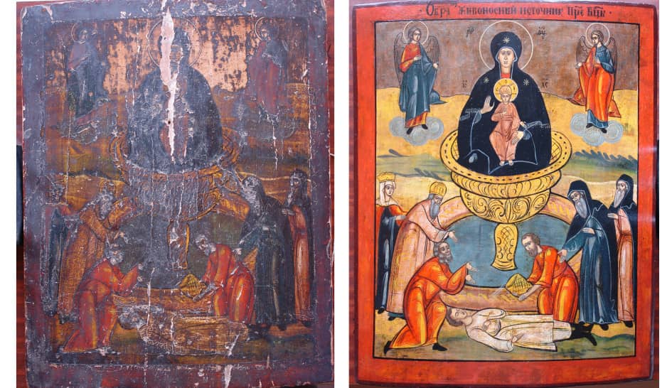 Реставрация иконы Богородицы Живоносный источник, 19 век.