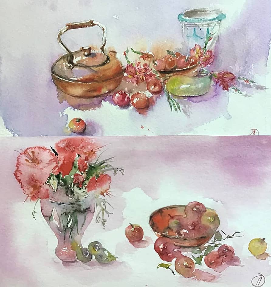 Диптих акварельный натюрморт Осенний